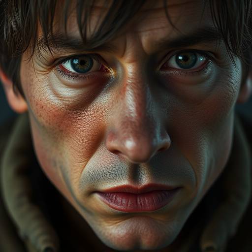 High-fidelity character model with nuanced emotions, showing detailed skin texture and subtle facial micro-expressions