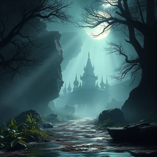 Photorealistic game environment with atmospheric lighting, showcasing intricate textures on surfaces and volumetric fog