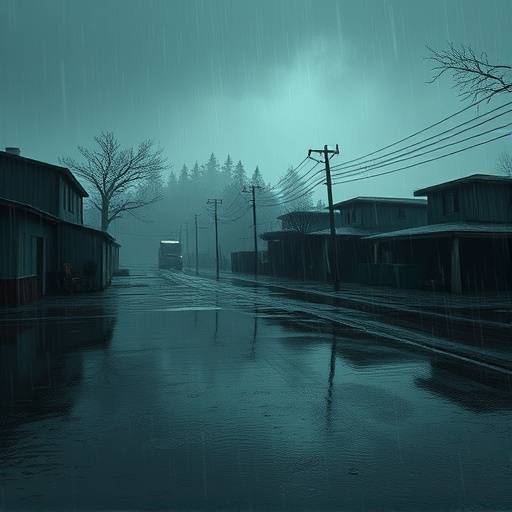 Screenshot of a game environment with dynamic weather, showing rain effects and reflections on wet surfaces